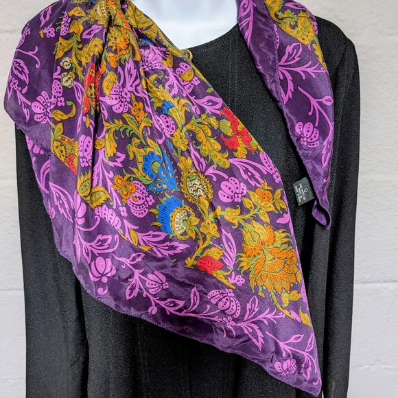 Carol Little 100% Silk Scarf Square 31x30 Purple Floral - Picture 1 of 12
